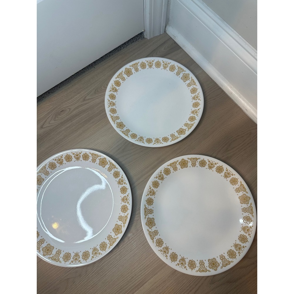 Vintage Corelle Butterfly Gold Dinner Plates Set of 3 Vitrelle Glass 10.25 Inch